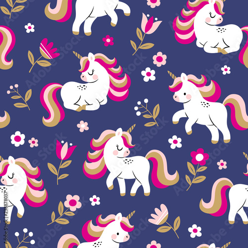 Hand drawn seamless vector pattern with cute baby unicorns and flowers on dark blue background. Perfect for fabric, wrapping paper or nursery decor.