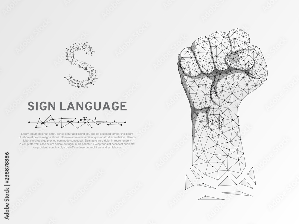 Origami Sign language S letter, raised up clenched fist gesture. Polygonal space low poly style. Deaf people silent communication. Connection wireframe. Vector on white background Origami Sign language S letter, raised up clenched fist gesture. Polygonal space low poly style. Deaf people silent communication. Connection wireframe. Vector on white background