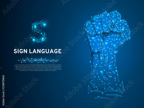 Sign language S letter, raised up clenched fist gesture. Polygonal space low poly style. Deaf people silent communication. Connection wireframe. Vector on dark blue background