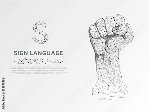Origami Sign language S letter, raised up clenched fist gesture. Polygonal space low poly style. Deaf people silent communication. Connection wireframe. Vector on white background