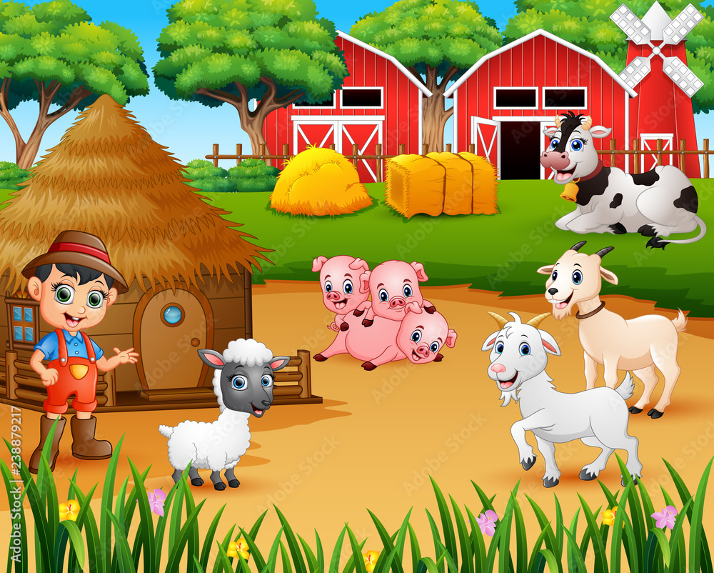 Naklejka premium Farmer and farm animal in the farmyard