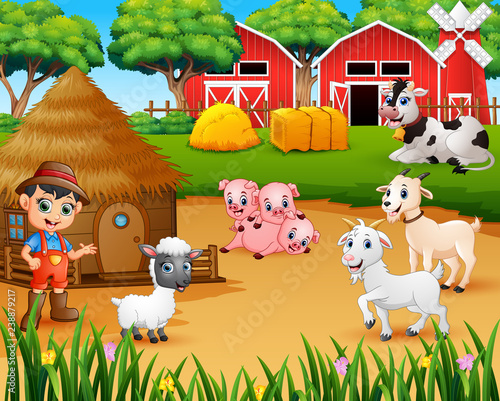 Farmer and farm animal in the farmyard