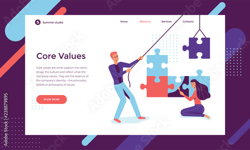 Young man and woman are working in a team, folding and coloring the puzzles. Core values and teamwork concept. Colorful vector illustration for web.