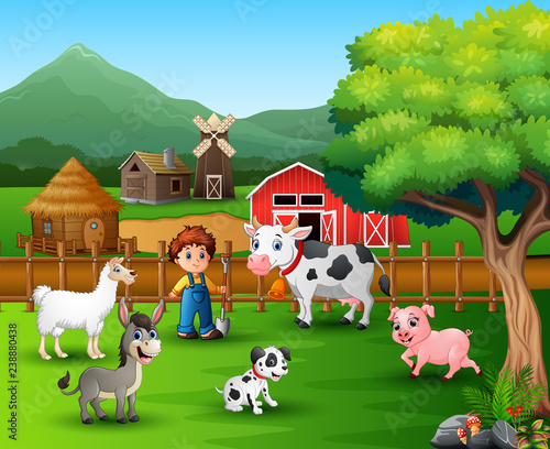 Farm scenes with different animals and farmers in the farmyard