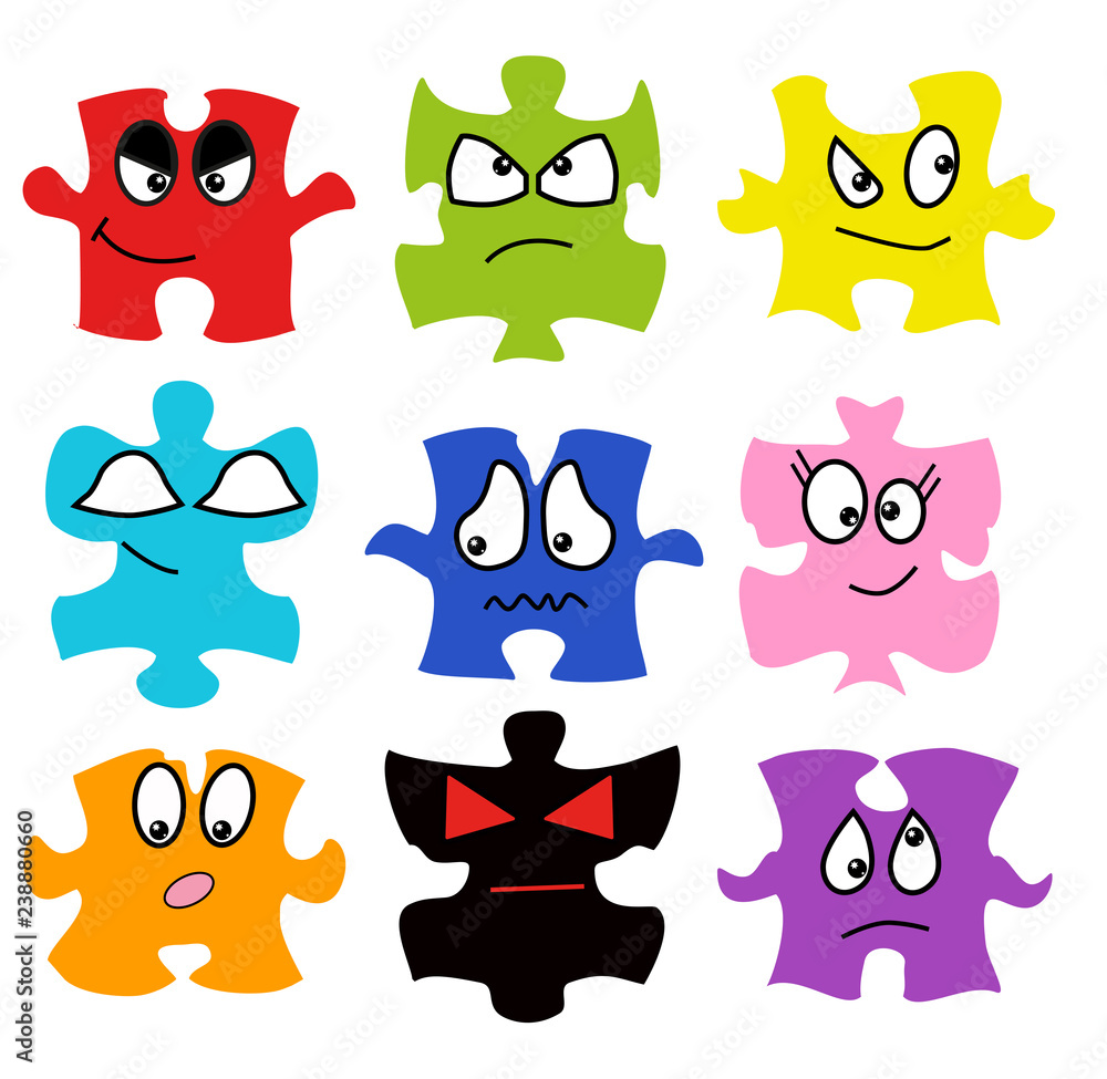 Cartoon facespuzzle expressions set. Vector illustration. Stock Vector