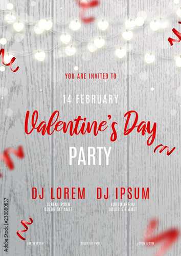 Beautiful poster for Happy Valentine's Day party. Vector illustration with red serpentine and garlands with hearts on wooden texture. Invitation to nightclub.