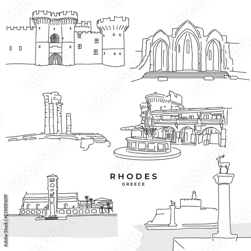 Rhodes Greece landmarks drawings