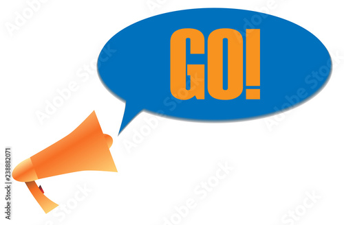 Megaphone, loudspeaker, mouthpiece symbol or icon with text go