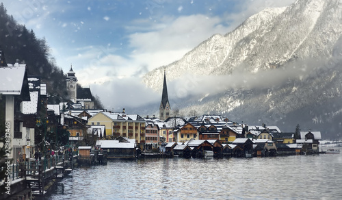 Toned winter scenic photo of village of Hallstatt in the Austrian Alps © Maria Sbytova