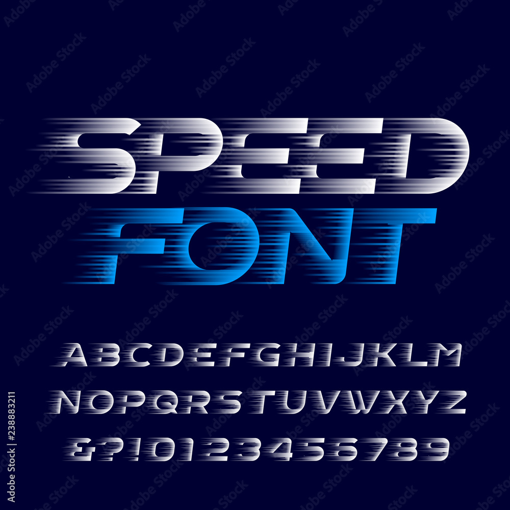 Speed alphabet font. Fast speed effect type letters and numbers. Stock vector typescript for your design. Easy color change. - obrazy, fototapety, plakaty 