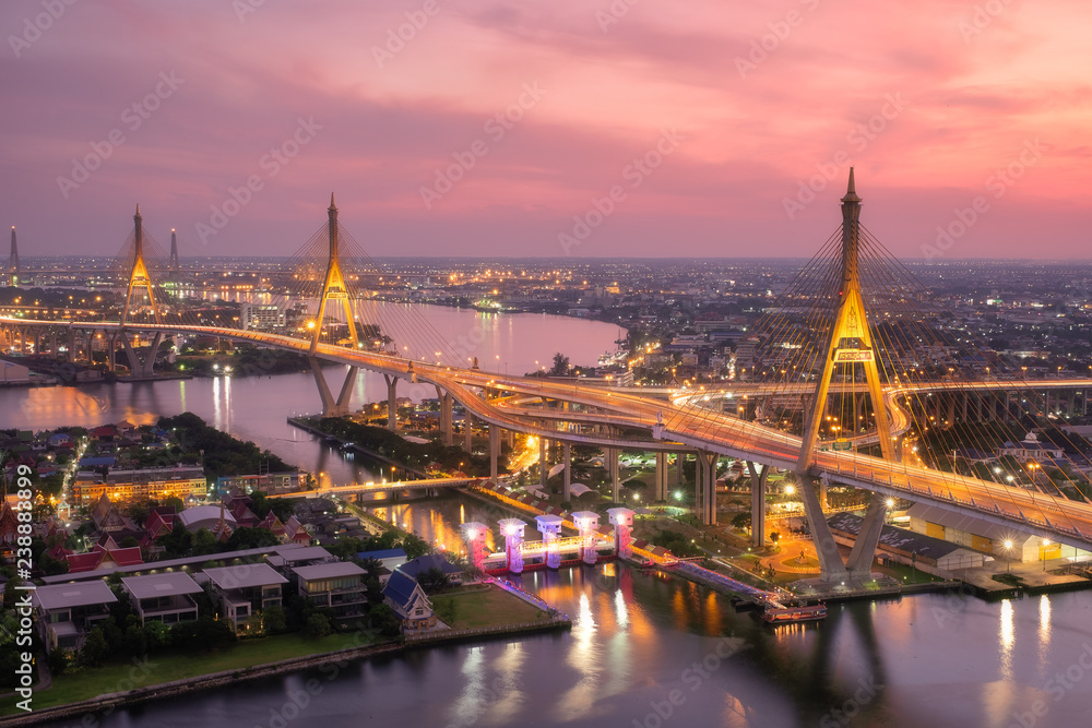 Beautiful sunset view of Bhumibol Bridge in Bangkok , Bridge of transportation for import , export , Bangkok ,Thailand