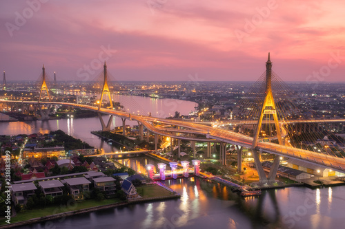 Beautiful sunset view of Bhumibol Bridge in Bangkok   Bridge of transportation for import   export   Bangkok  Thailand