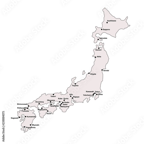 Japan outline map with stroke isolated on white background with major cities