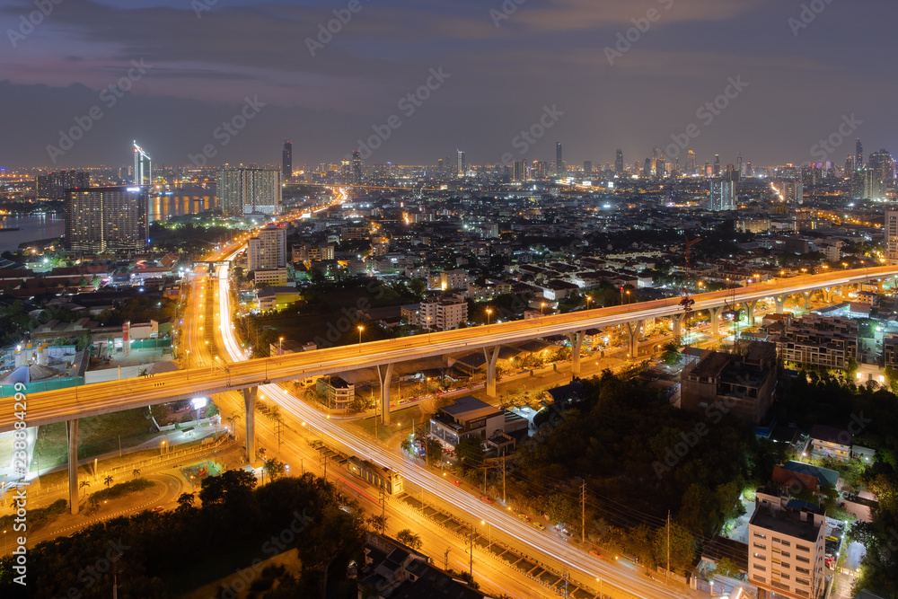 Night view of highway in Bangkok City downtown cityscape urban skyline Thailand