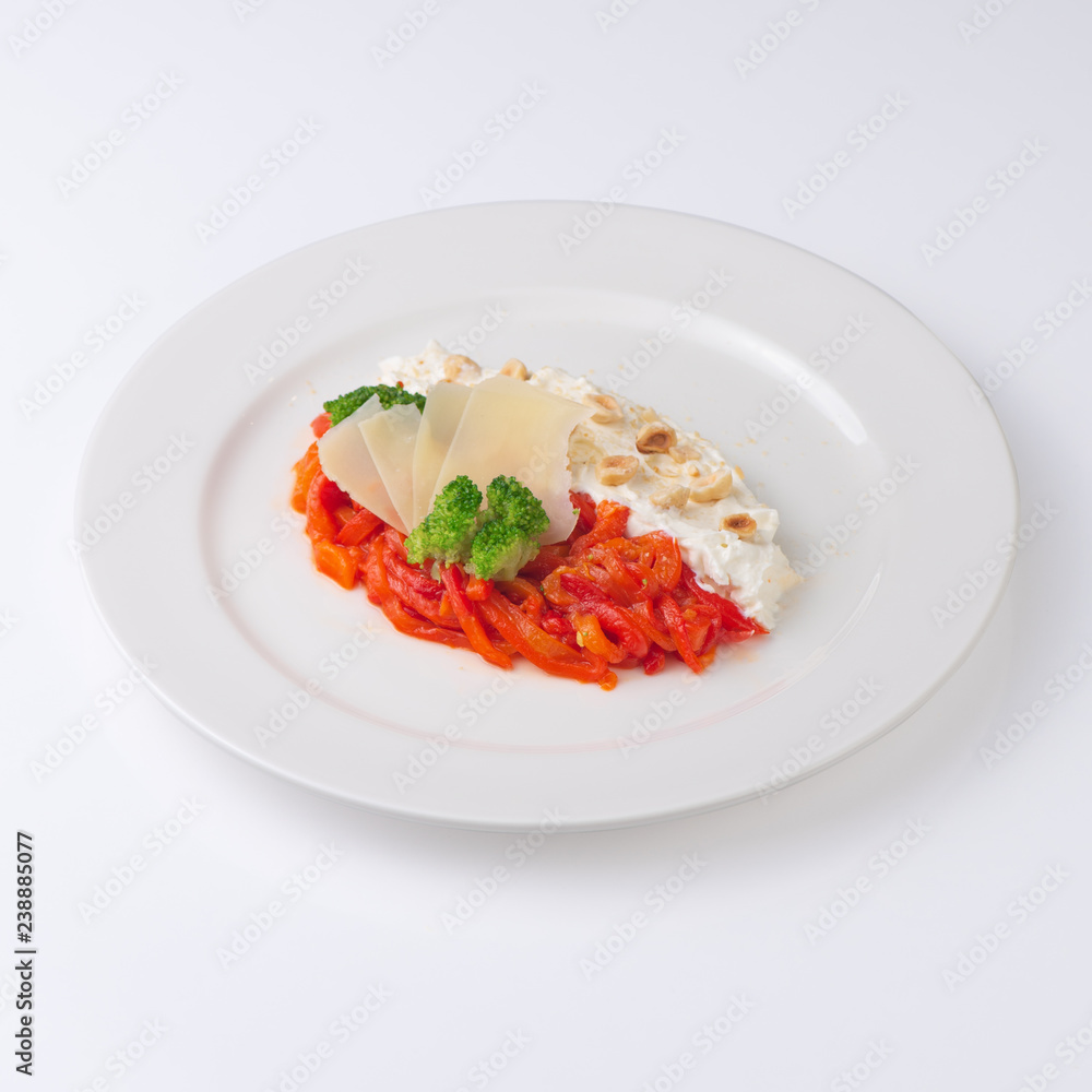 Salad with Philadelphia cheese, vegetables and parmesan. Isolated on white background. Salad with Philadelphia cheese, vegetables and parmesan. Isolated on white background.
