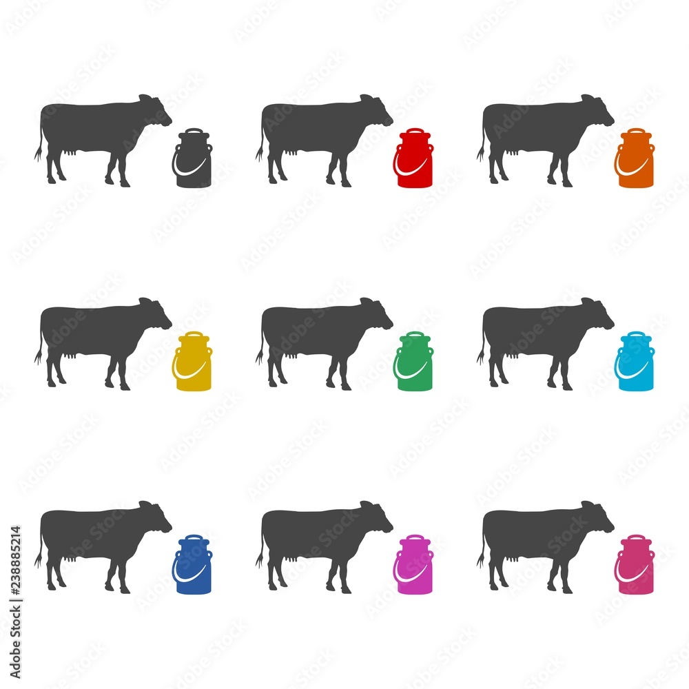 Milk can and cow icon or logo, color set