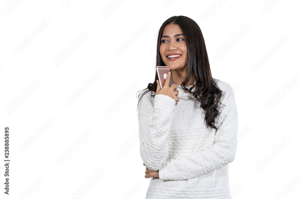 Portrait Asian woman holding technology smart mobile phone on white background, isolate include clipping path, fashion and lifestyle concept Portrait Asian woman holding technology smart mobile phone on white background, isolate include clipping path, fashion and lifestyle concept