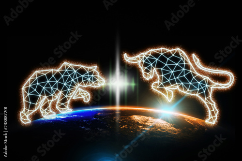 polygonal bull and bear shape writing by lines and dots over Part of earth with sun rise and lens flare background, Elements of this image furnished by NASA