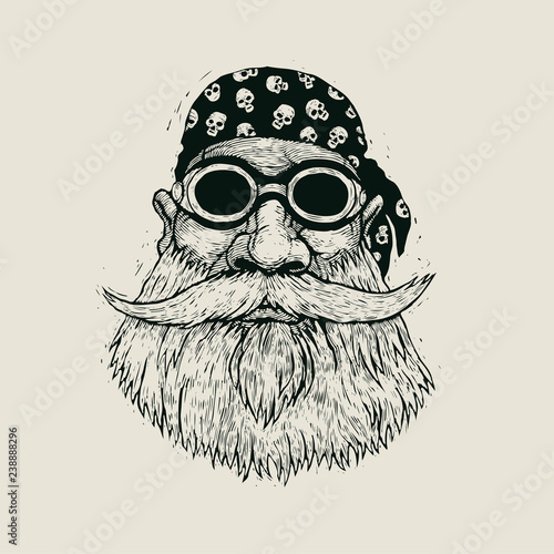 bearded biker in motorcycle sunglasses and bandana. hand drawn cartoon character. engraving style. vector illustration