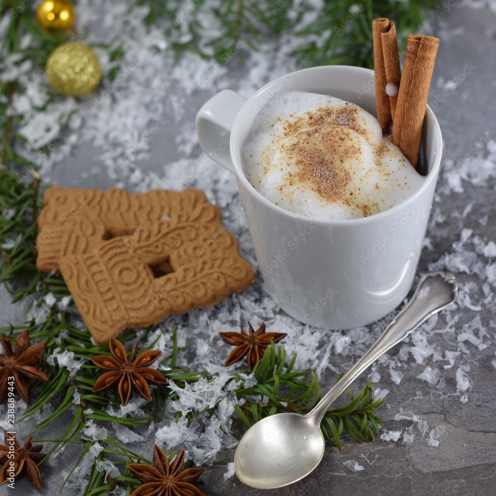 Tasse Kakao mit aufgeschäumter Milch, Zimtstangen, Spekulatius-Plaätzchen und Sternanis auf einem verschneiten Gartentisch Tasse Kakao mit aufgeschäumter Milch, Zimtstangen, Spekulatius-Plaätzchen und Sternanis auf einem verschneiten Gartentisch