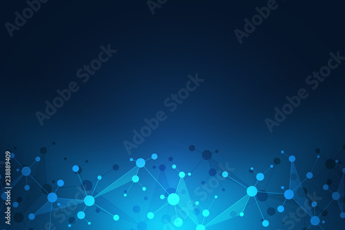 Abstract geometric texture with molecular structures and neural network. Molecules DNA and genetic engineering. Futuristic artificial intelligence concept. Technological and scientific modern design.