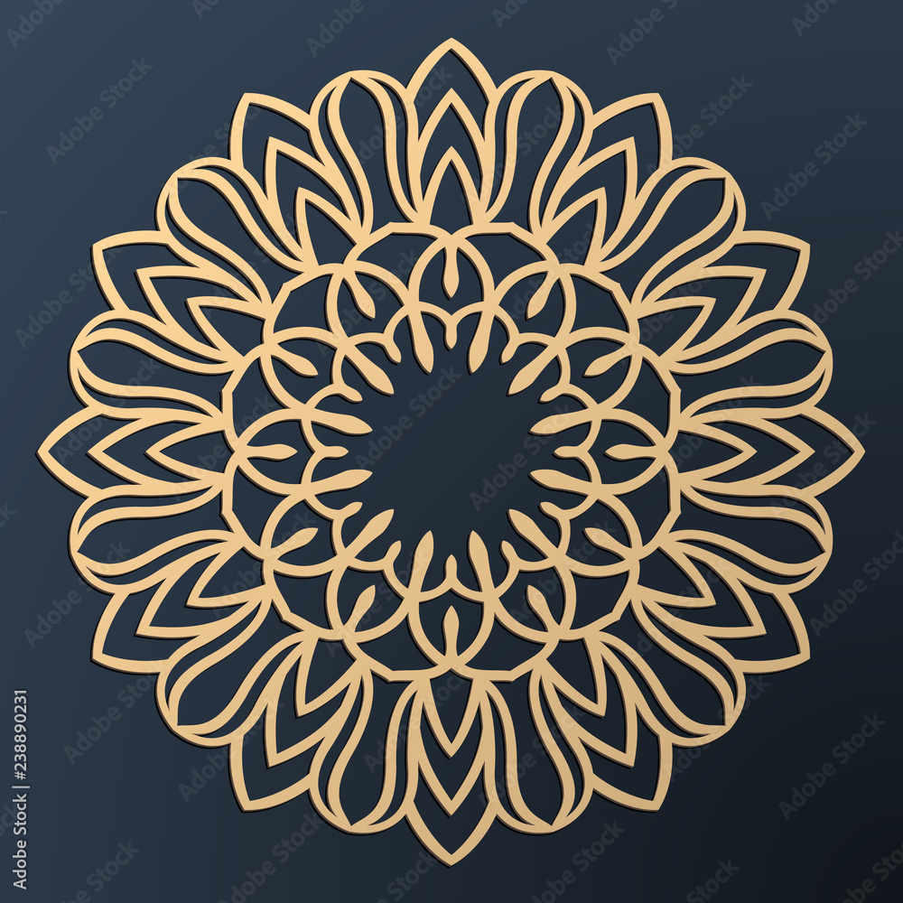 Laser cutting mandala. Golden floral pattern. Oriental silhouette ornament. Vector coaster design. Laser cutting mandala. Golden floral pattern. Oriental silhouette ornament. Vector coaster design.