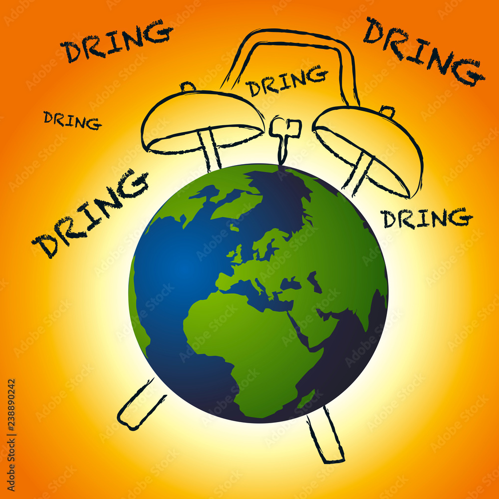 Φωτογραφία Concept du réchauffementment climatique avec la planète terre devant la chaleur du soleil et un réveil qui sonne l’alarme pour une action immédiate