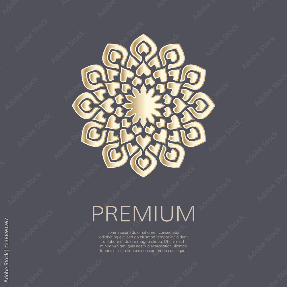 Gradient premium logo. Golden flower shape. Isolated floral logotype. Business identity concept for bio, eco company, yoga or spa salon. Gradient premium logo. Golden flower shape. Isolated floral logotype. Business identity concept for bio, eco company, yoga or spa salon.