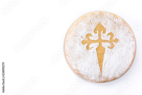 Tarta de Santiago. Traditional almond cake from Santiago in Spain, isolated on white background. Top view. Copyspace