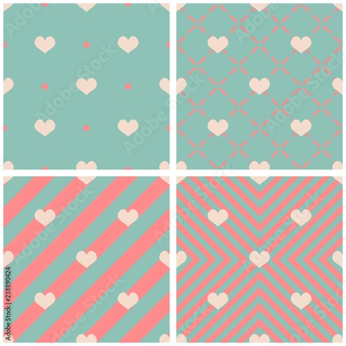 Schilderij op canvas Tile vector pattern with hearts on pink and mint green background