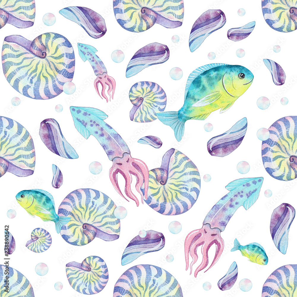 marine pattern painted fish, squid, seashells, marine pattern painted fish, squid, seashells,