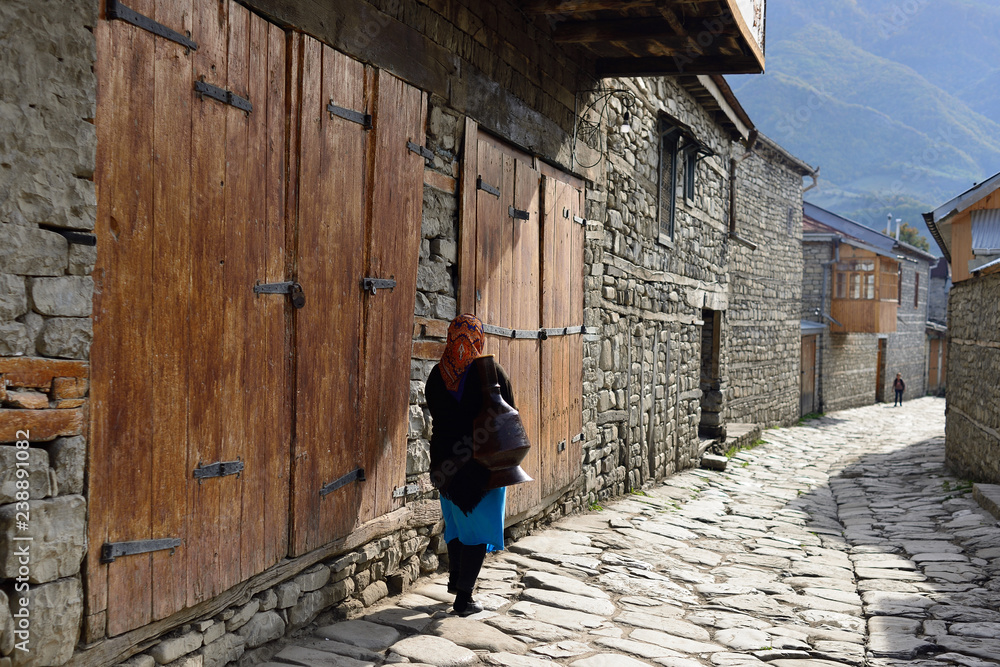 Street view on cobblestone street in the Lahic mountain village of Azerbaijan