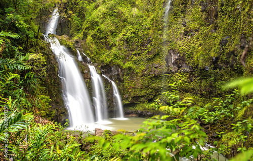 Fototapeta Naklejka Na Ścianę i Meble -  Three Bears Waterfalls / Waikani Falls on the Road to Hana in Maui, Hawaii