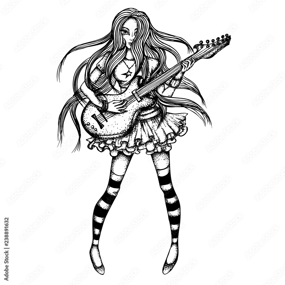 Metalist girl rocker playing an electric guitar. Pencil and ink drawing.  Punk is a rock fan girl Stock Photo - Alamy