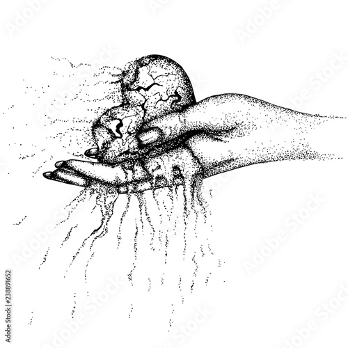A scorched, crumbling heart in a woman's hand. Vector hand drawn illustration. Monochrome drawing isolated on white background