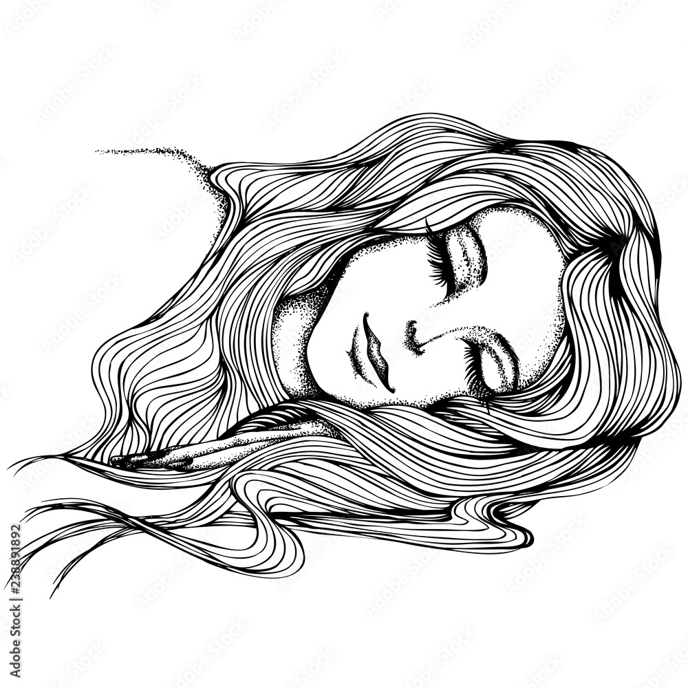 Portrait of a sleeping girl with long hair. Vector hand drawn ...