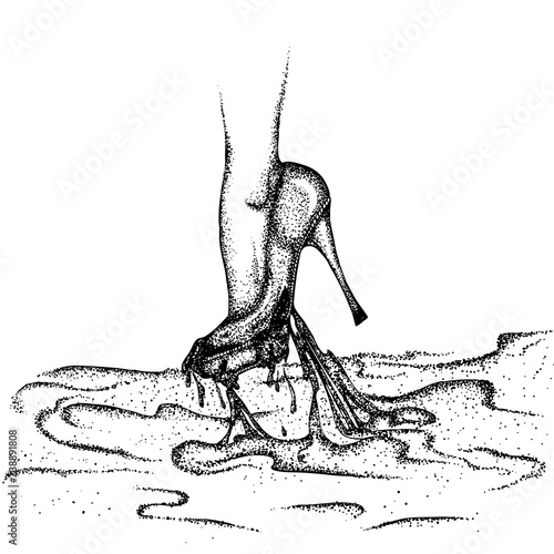 Female leg in a high-heeled shoe stained in a mud puddle. Vector hand drawn illustration. Monochrome drawing isolated on white background