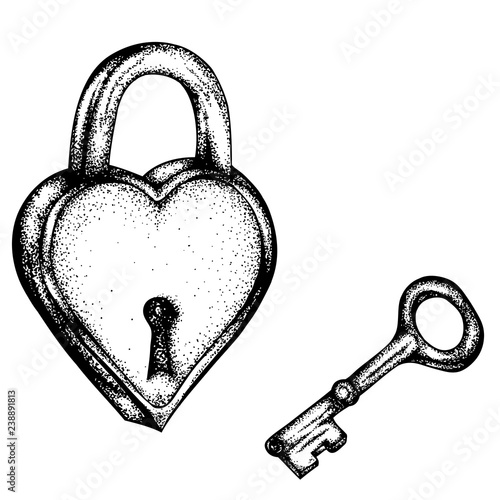 Padlock in the shape of a heart with a key. Vector hand drawn illustration. Monochrome drawing isolated on white background