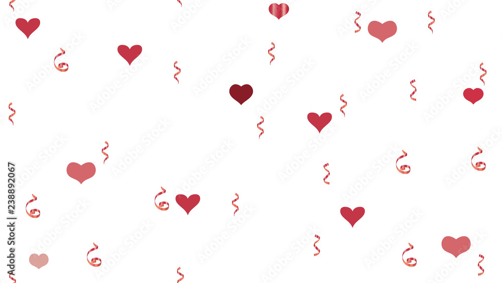 Festive Pattern of Hearts and Serpentine. Flying Red confetti. Element of packaging, textiles, wallpaper, banner, printing. Vector Seamless Pattern on a White fond.