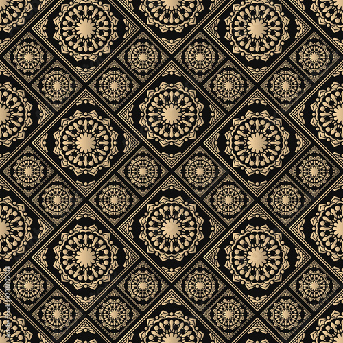 Islamic vector design. Seamless pattern oriental ornament. Black and golden textile print. Floral tiles.