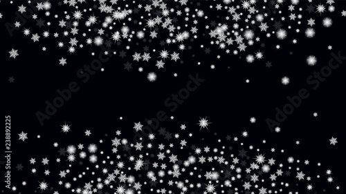 Winter snowflakes border trendy vector background. Holiday illustration for christmas card. Macro snowflakes flying border illustration. Black base.