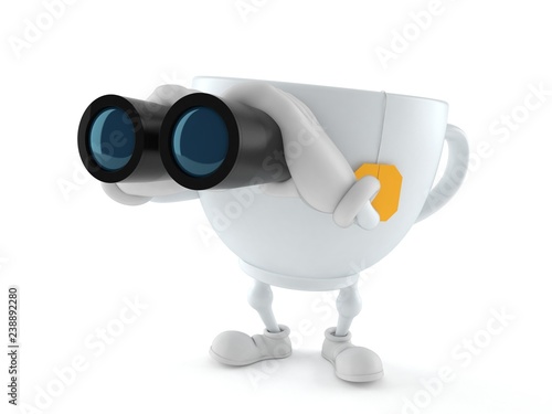 Tea cup character looking through binoculars
