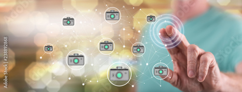 Man touching a photo sharing concept