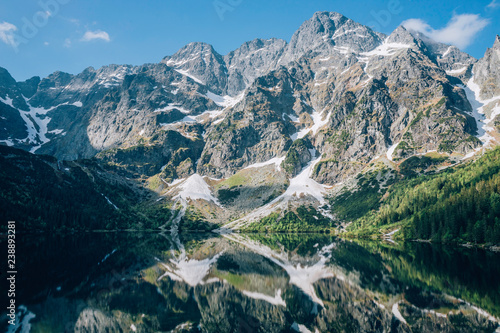Reflection of mountains in water of Morskie Oko Lake, Tatra Mountains, Poland