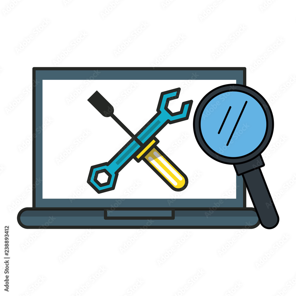Laptop with tools and magnifying glass Laptop with tools and magnifying glass