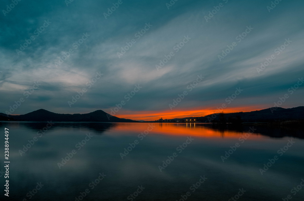 Sunset in the Ullibarri-Gamboa reservoir. Alava, Basque Country, Spain