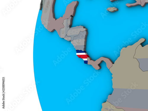 Costa Rica with national flag on blue political 3D globe.