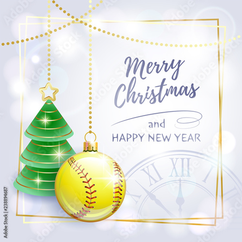 Merry Christmas. Happy New Year. Sports greeting card. Softball. Vector illustration.