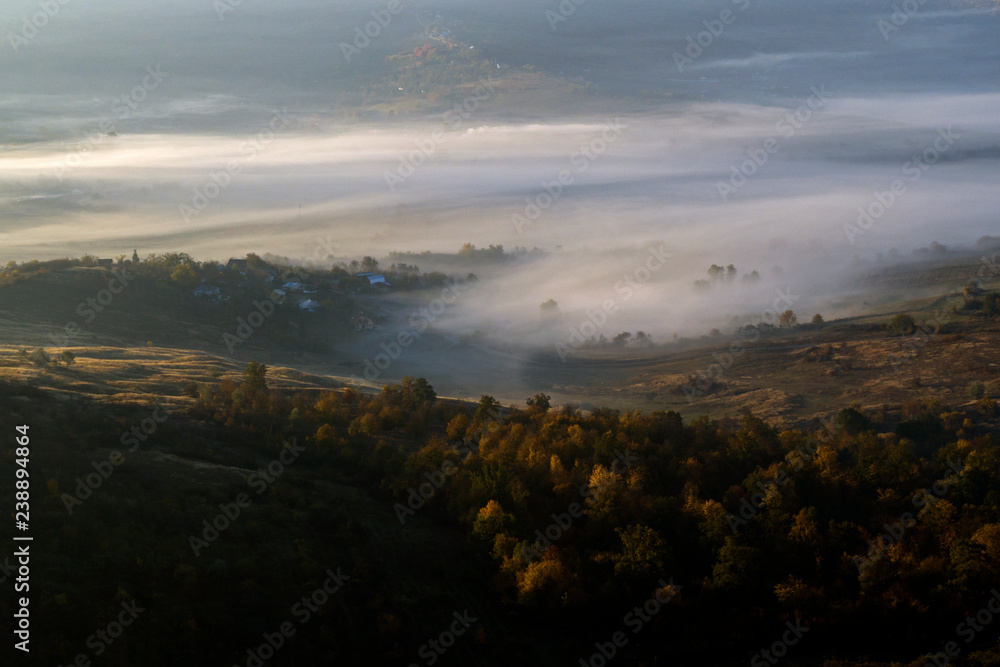 aerial drone view with misty landscapes