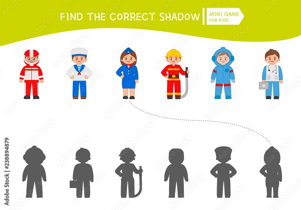 Educational  game for children. Find the right shadow. Kids activity with professions.